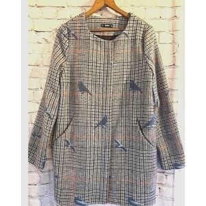 Houndstooth Women's Birds Long Sleeve Full Zip Knit Shein Jacket Coat Sz Med